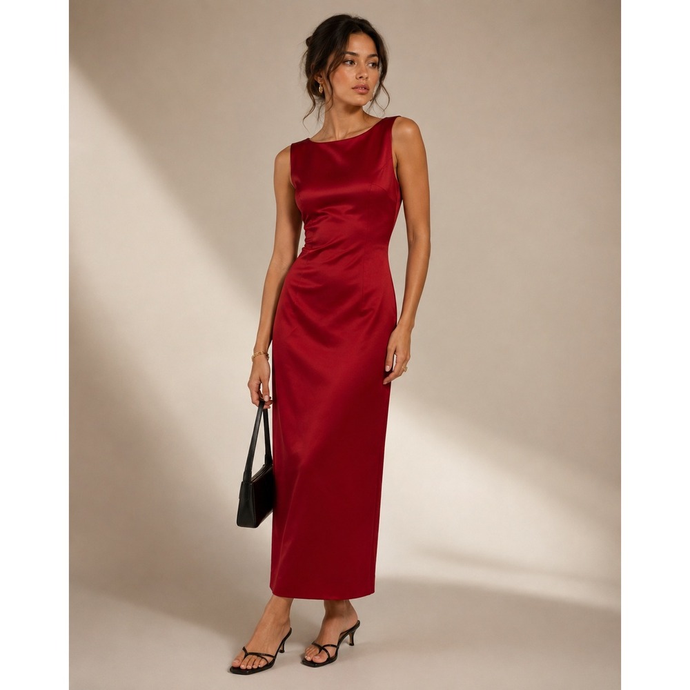 Vintage 90s Y2K Scott McClintock Maxi Dress 4 Red Satin Sleeveless Gown Slit